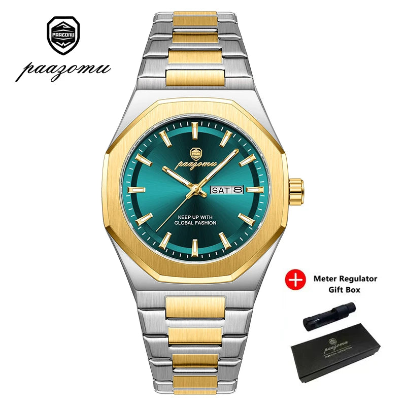 Reloj Acero Inoxidable, Luminoso, Fecha y Día, Resistente al Agua