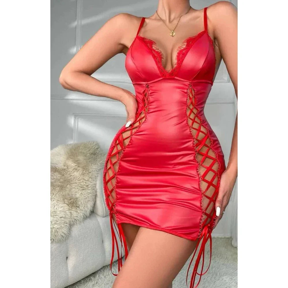Minivestido Camisole de PU con Escote V Profundo, Encaje y Cordones | Clubwear Ajustado
