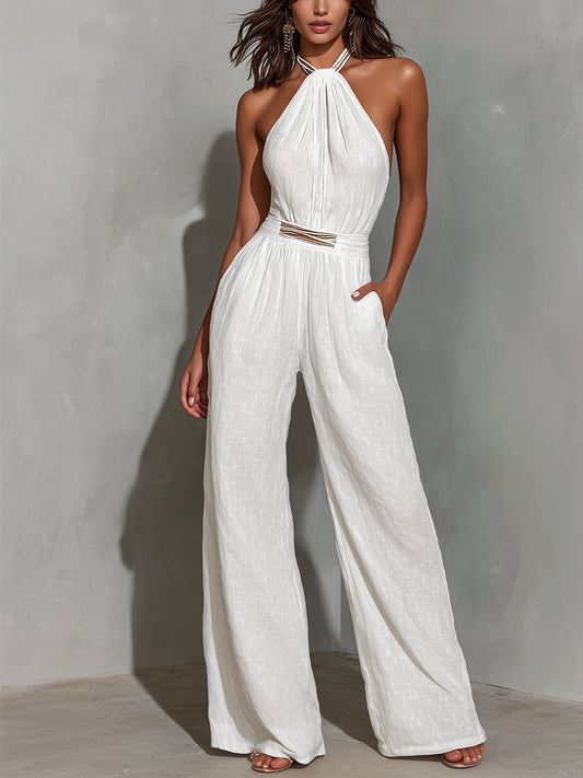 Mono blanco sin mangas con cuello halter, de imitación de algodón y lino.