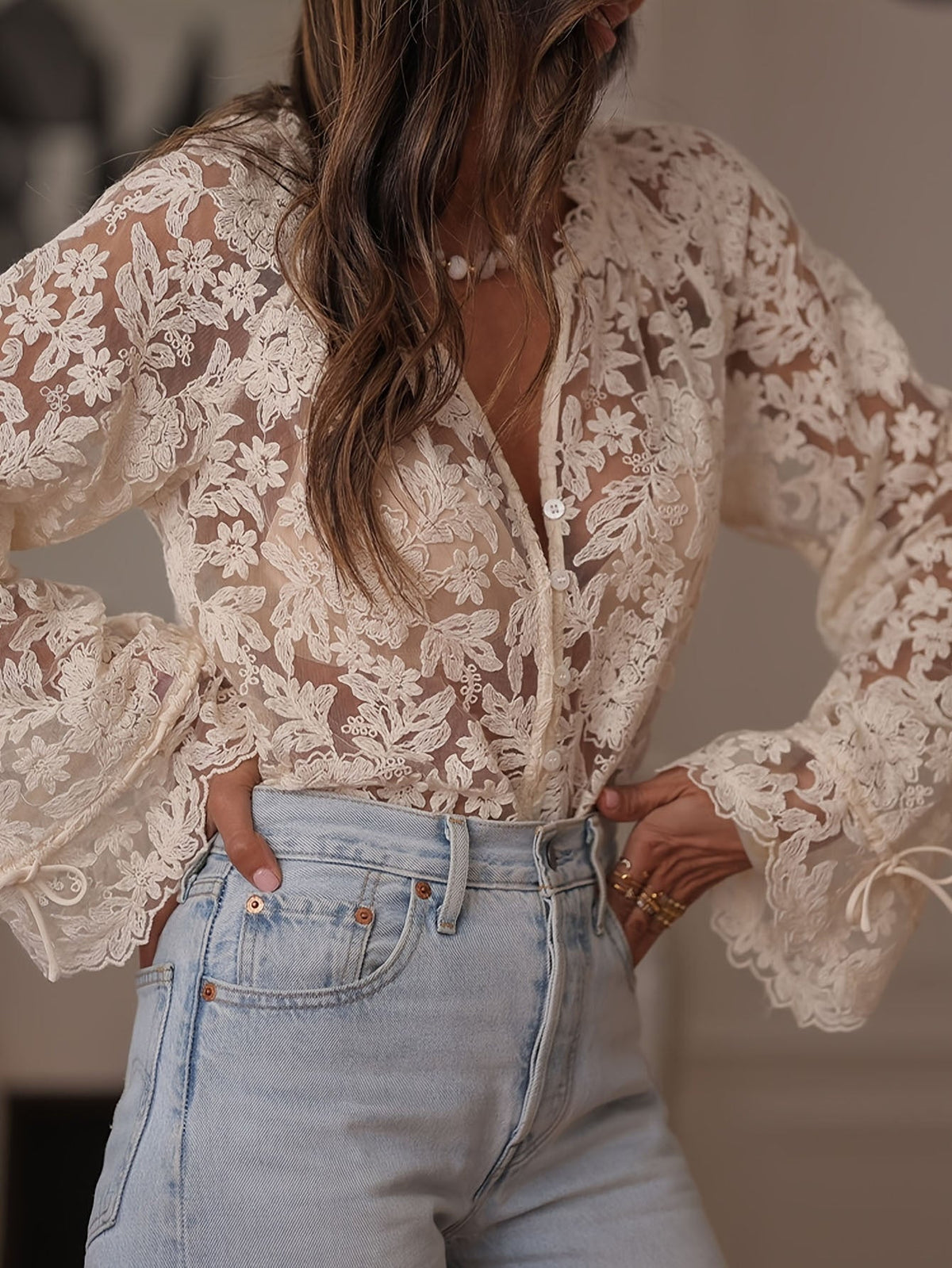 Blusa de mujer con elegante bordado de encaje, primavera