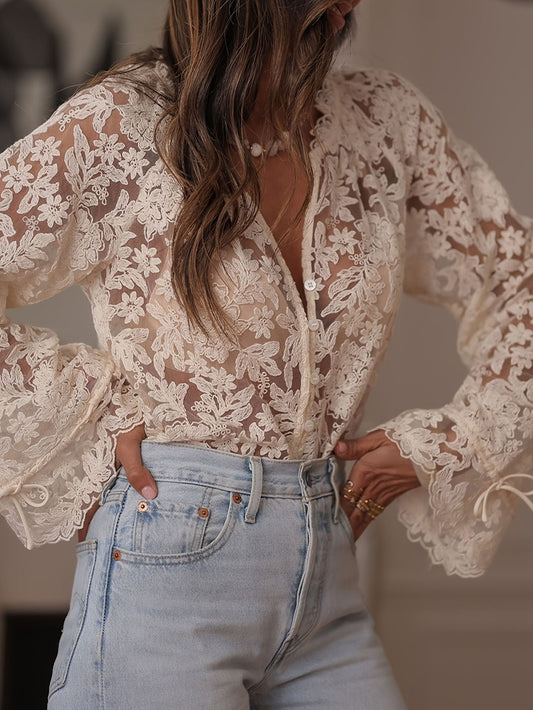 Blusa de mujer con elegante bordado de encaje, primavera