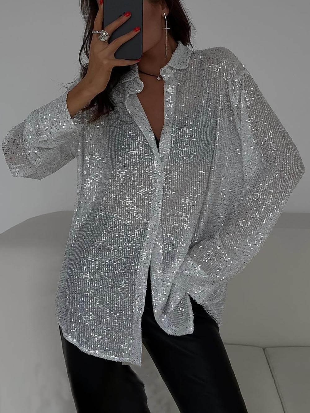 Blusa de fiesta holgada con lentejuelas para mujer