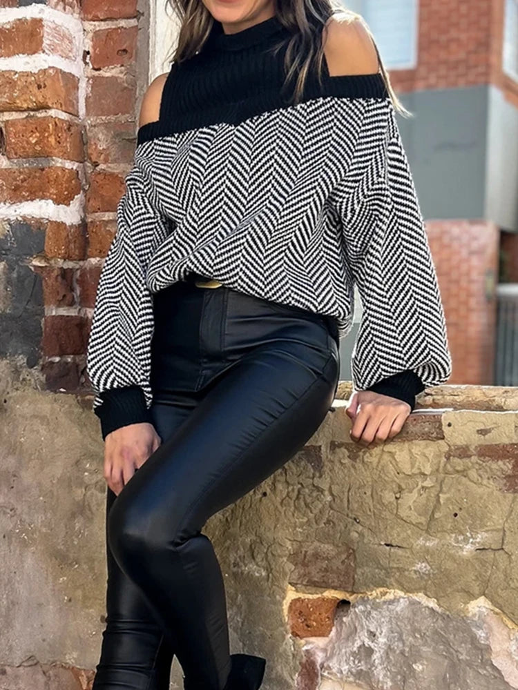 Women's Striped Cold Shoulder Oversized Sweaters