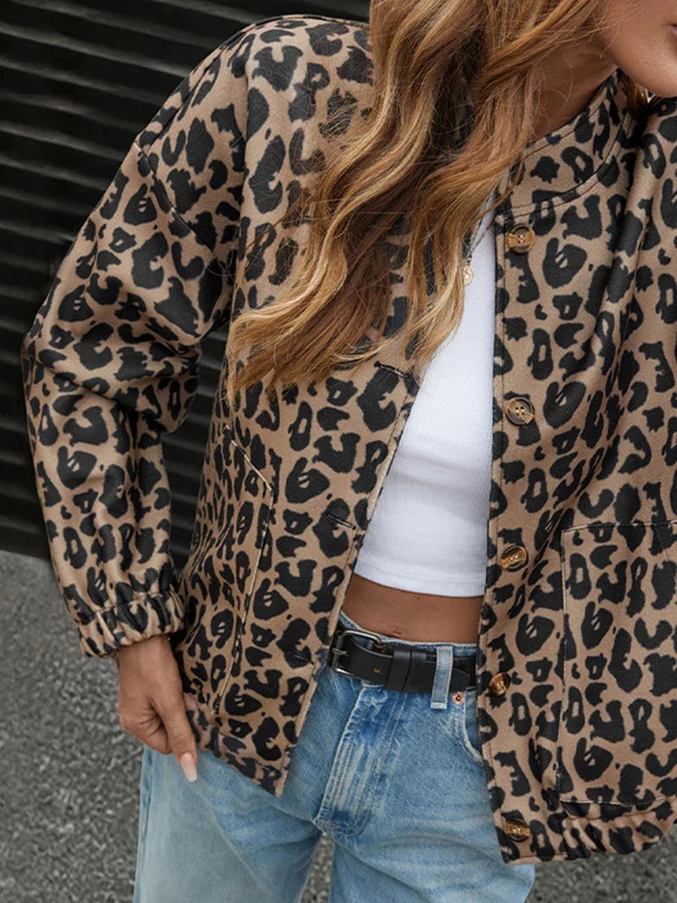 Women's Leopard Print Retro Button Down Stand Collar Casual Coat with Pockets