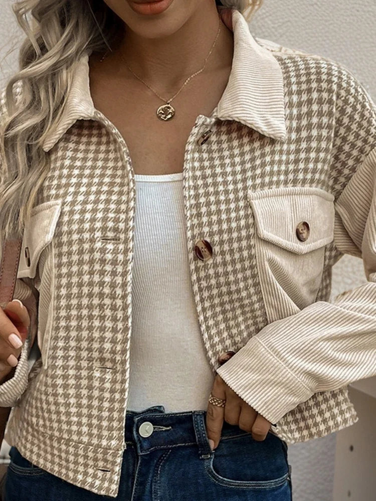 Womens Fall Cropped Corduroy JacketsHoundstooth Coat with Pocket