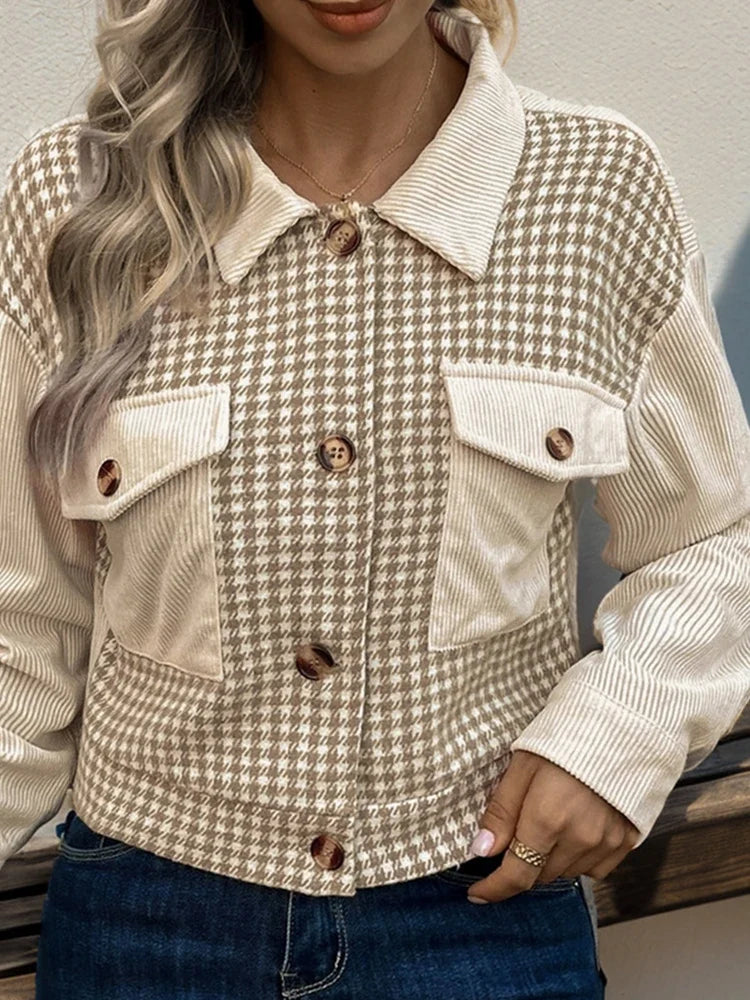 Womens Fall Cropped Corduroy JacketsHoundstooth Coat with Pocket