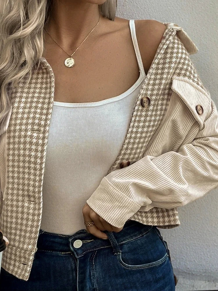 Womens Fall Cropped Corduroy JacketsHoundstooth Coat with Pocket