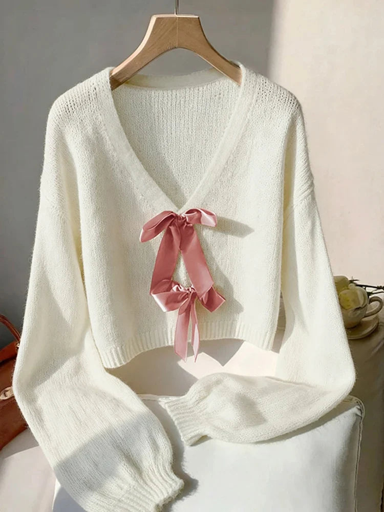 Womens Bow Tie Sweater V Neck Cardigan Sweaters
