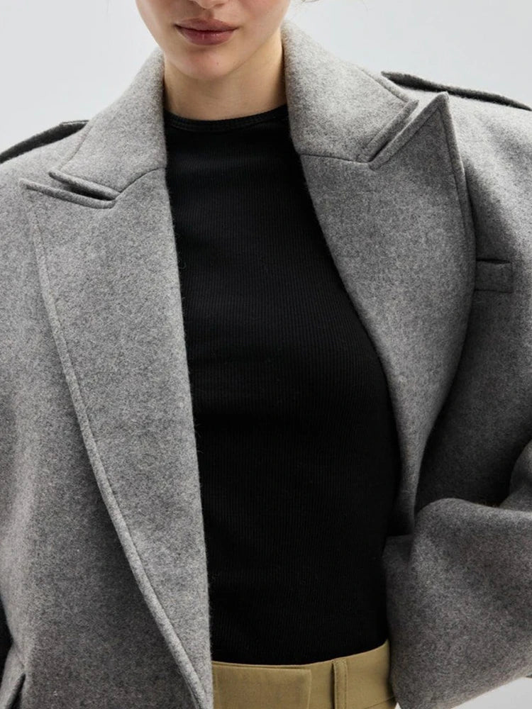 Women’s Wool Blend Peaked Lapel Coat with Epaulets