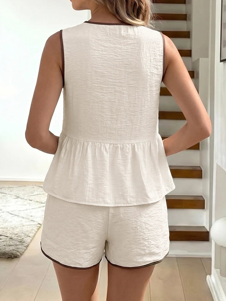 Women's Sleeveless Bow Tie Peplum Top and Shorts Set