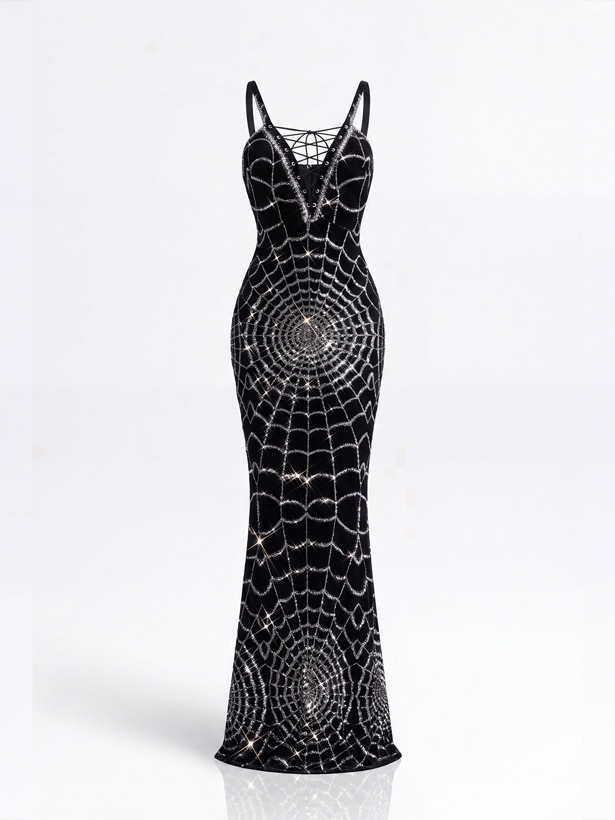 Uverna V Neck Cobweb Sequin Maxi Dress