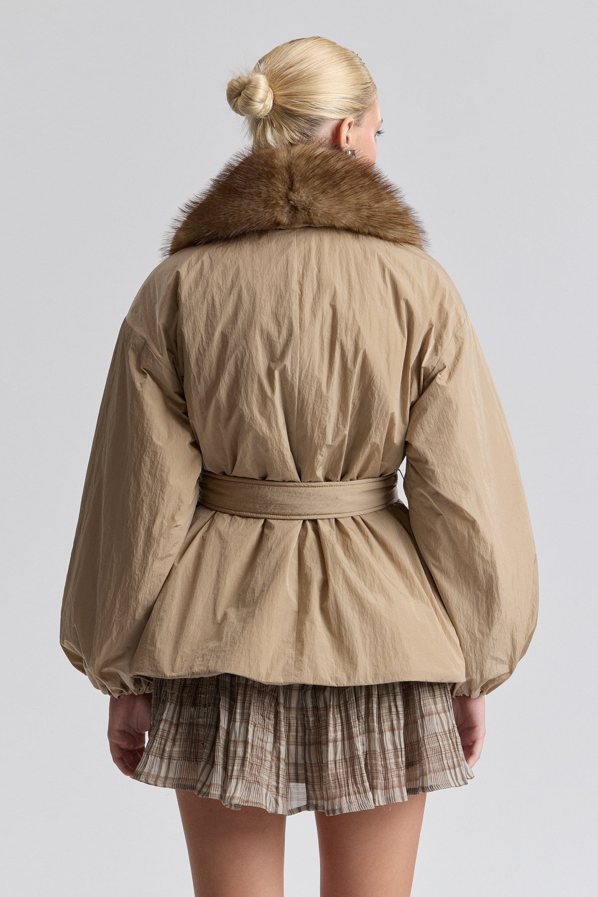 Nylon brown fur trim parka jacket with long balloon sleeves - Shop women's cute parka jackets by Avec Les Filles.