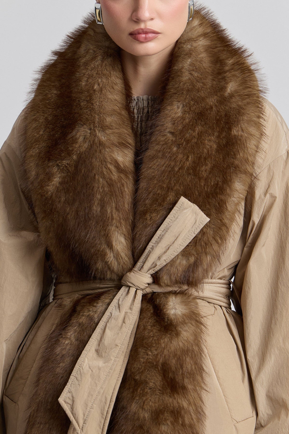 Nylon parka brown brown jacket with faux fur and removable belt - Shop women's cute parka jackets by Avec Les Filles.