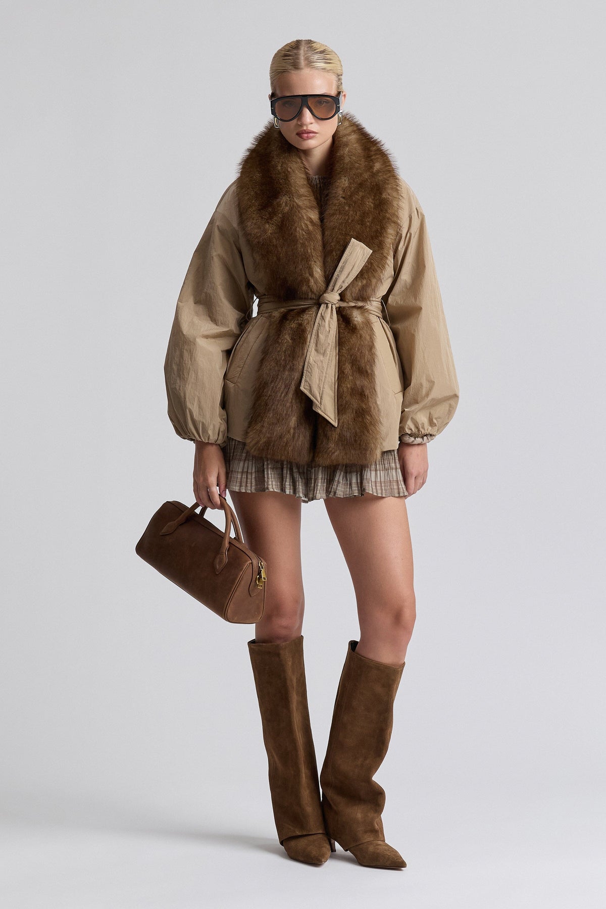 Nylon brown faux fur parka jacket with long balloon sleeves and removable belt - Shop parka jackets by Avec Les Filles.