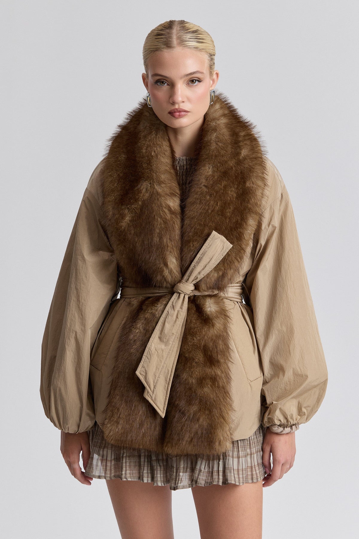 Parka faux brown fur jacket with long balloon sleeves and removable belt - Shop women's parka jackets by Avec Les Filles.