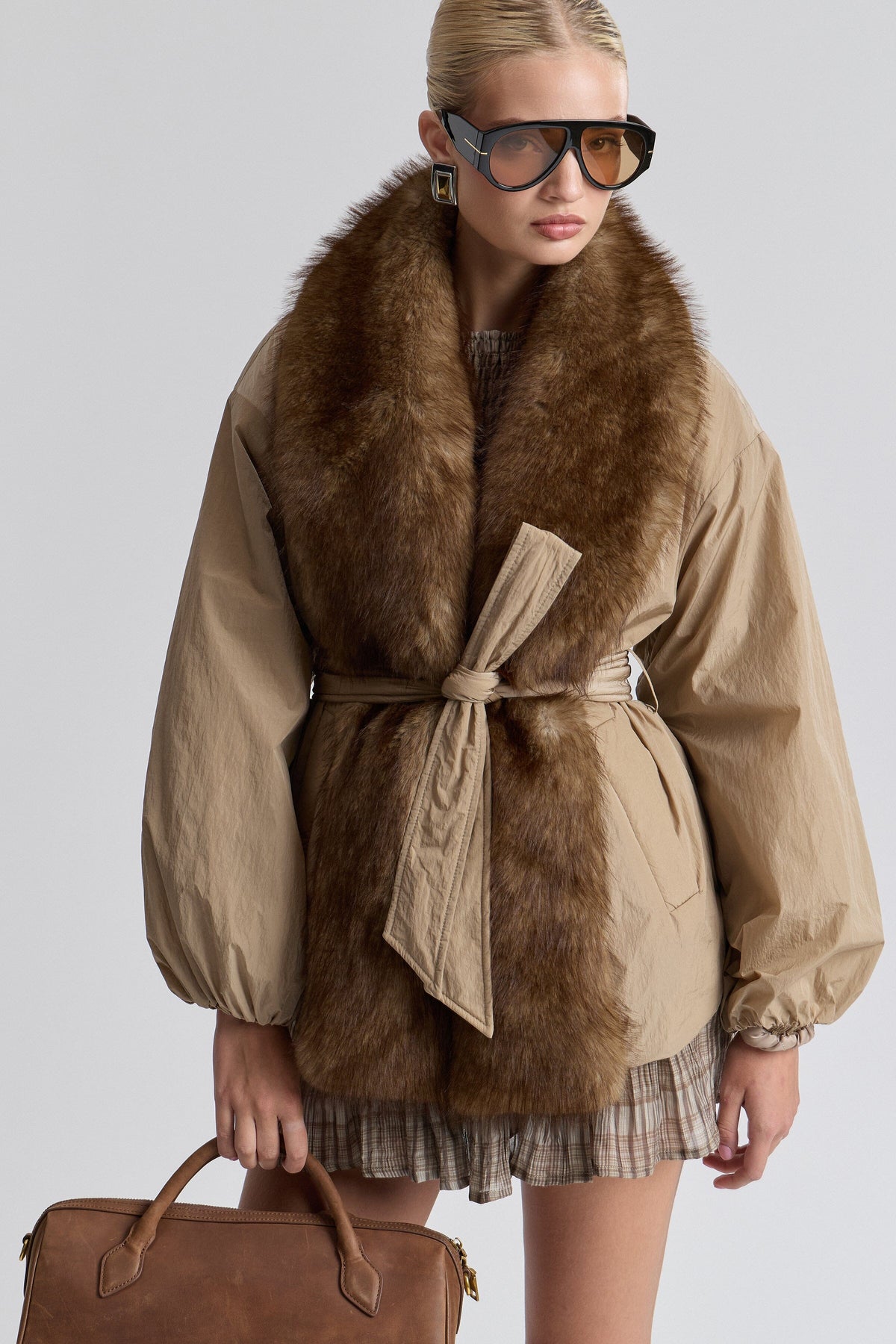 Nylon parka brown tan faux fur jacket with long balloon sleeves and removable belt - Shop parka jackets by Avec Les Filles.