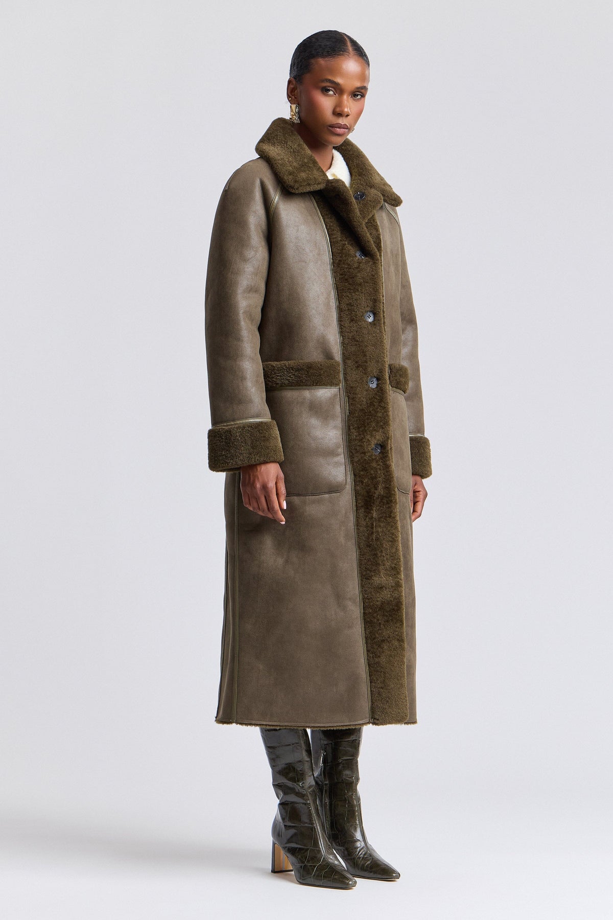 Reversible dark olive faux womens shearling coat with raglan sleeves - Shop long maxi coats by Avec Les Filles.