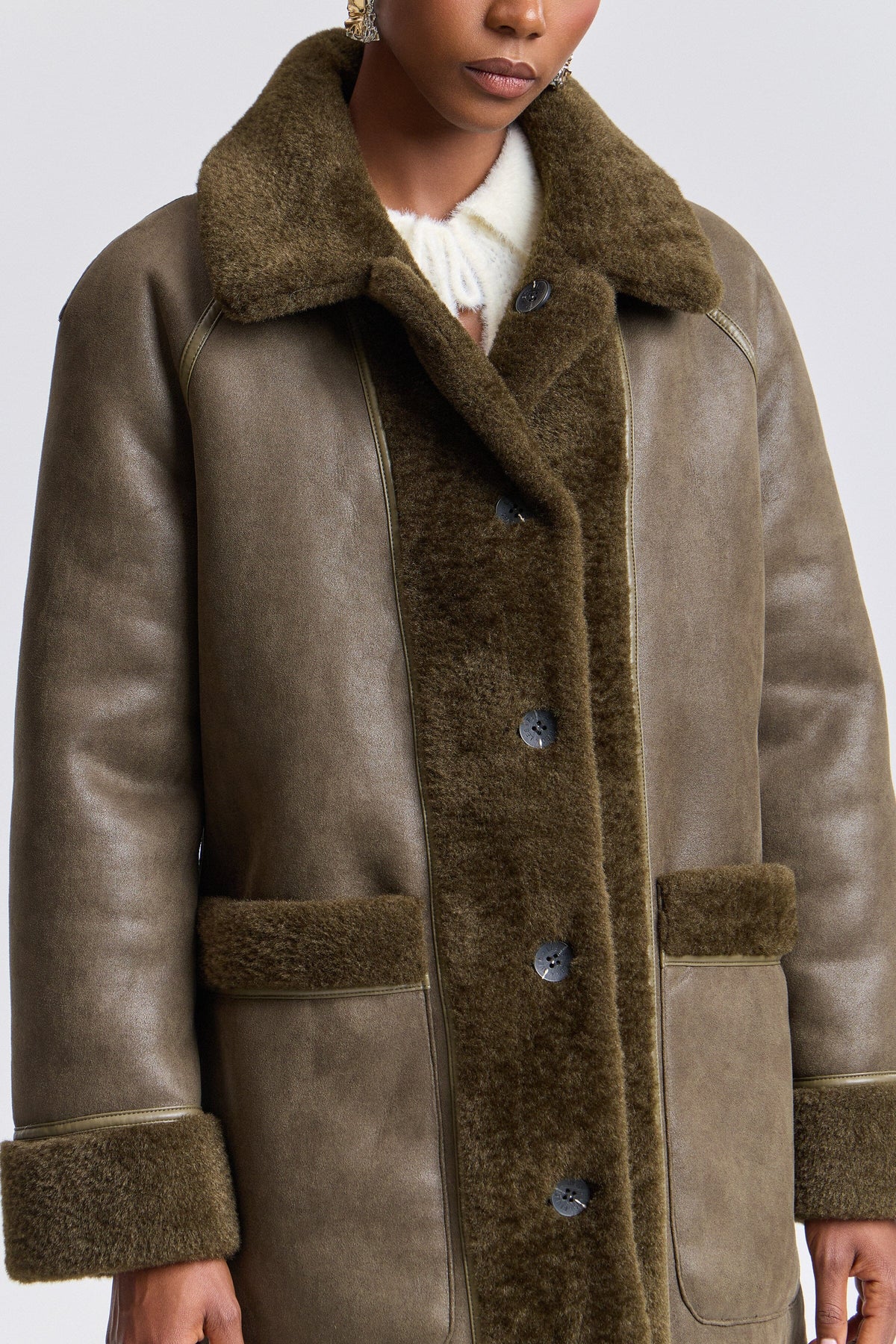Dark olive shearling long coat with front button and raglan sleeves - Shop women's maxi coats by Avec Les Filles.