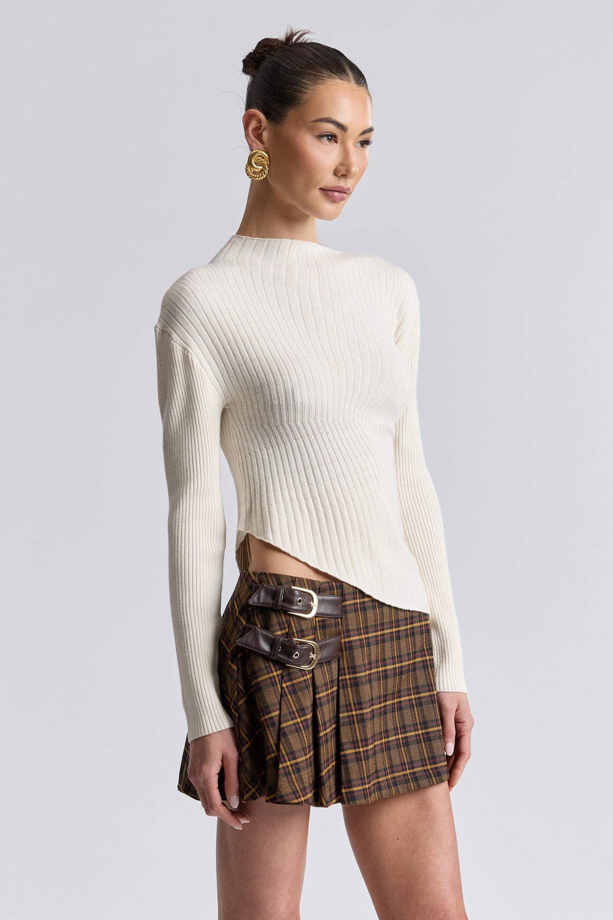 Asymmetric-hem, long-sleeve cream color sweater - Shop cute ribbed-knit sweaters for women from Avec Les Filles.