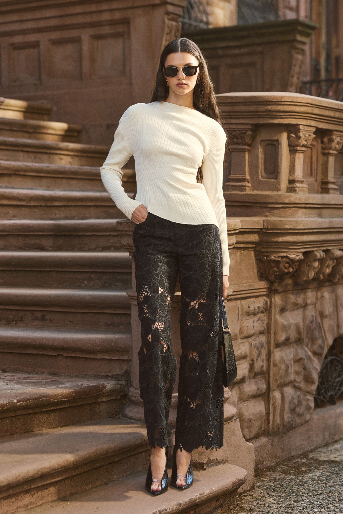 Two-tone knit, long-sleeve cream ribbed sweater - Shop cute ribbed-knit sweaters for women from Avec Les Filles.