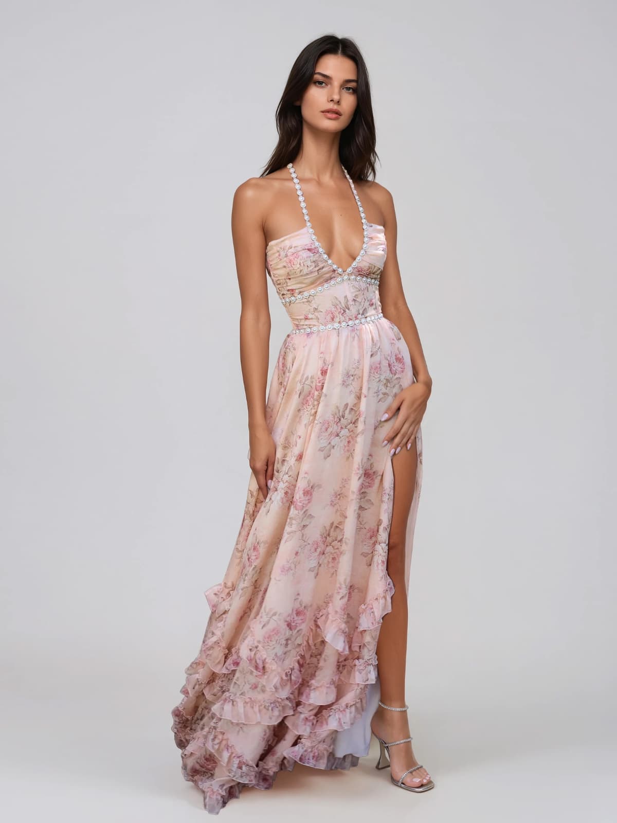 Vestido largo floral rosa Fentho con escote pronunciado