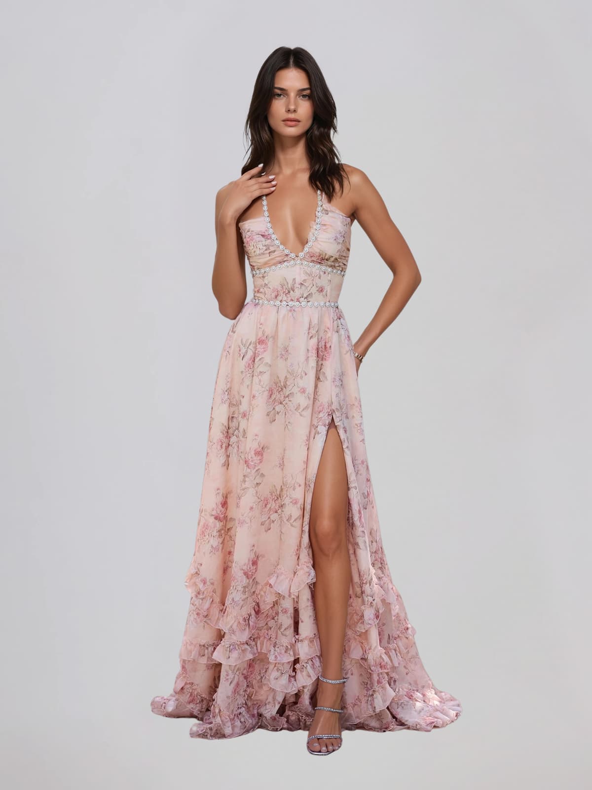 Vestido largo floral rosa Fentho con escote pronunciado