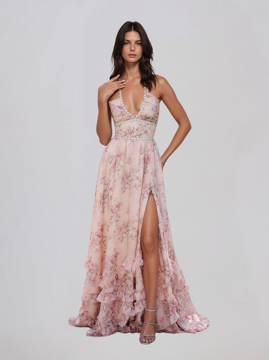 Vestido largo floral rosa Fentho con escote pronunciado