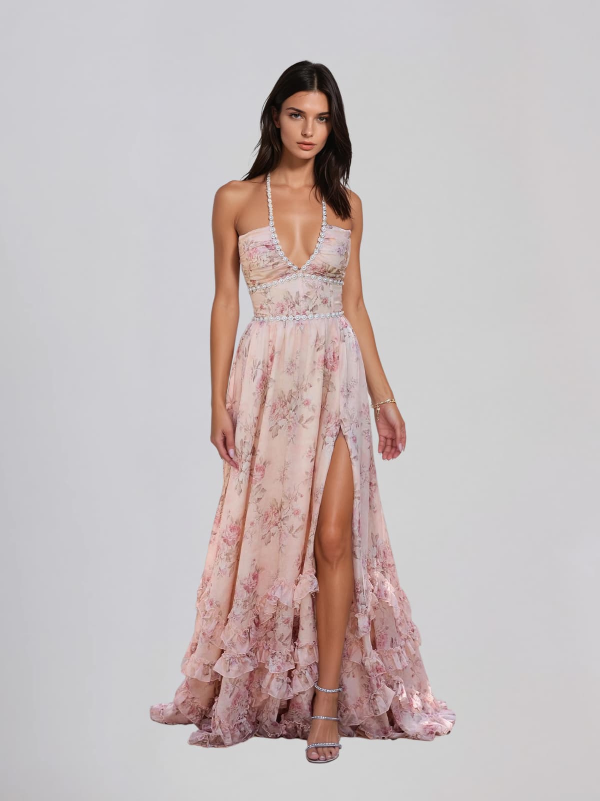 Vestido largo floral rosa Fentho con escote pronunciado