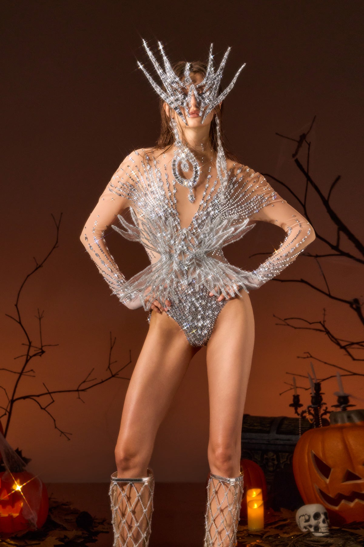 Ghada Long Sleeve Rhinestone Mesh Bodysuit
