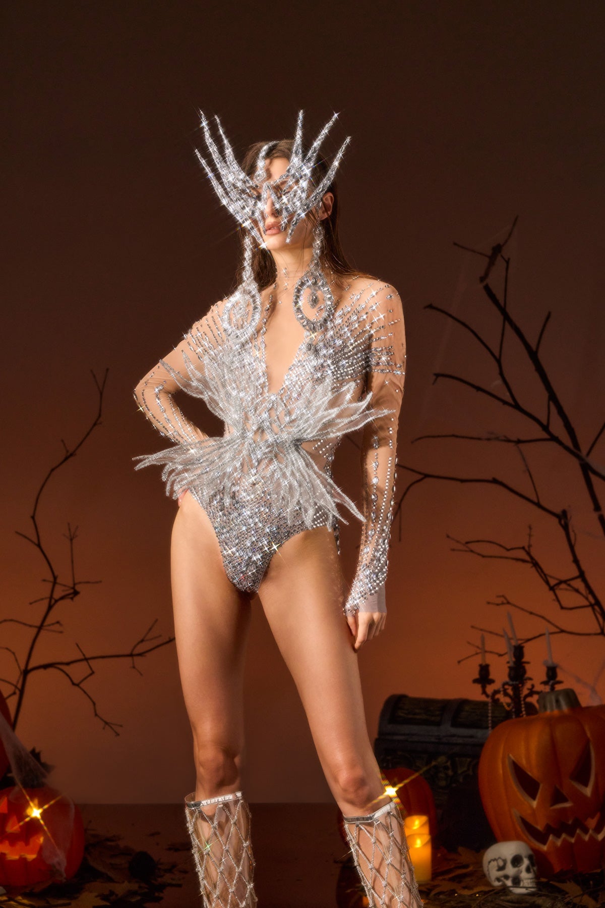 Ghada Long Sleeve Rhinestone Mesh Bodysuit