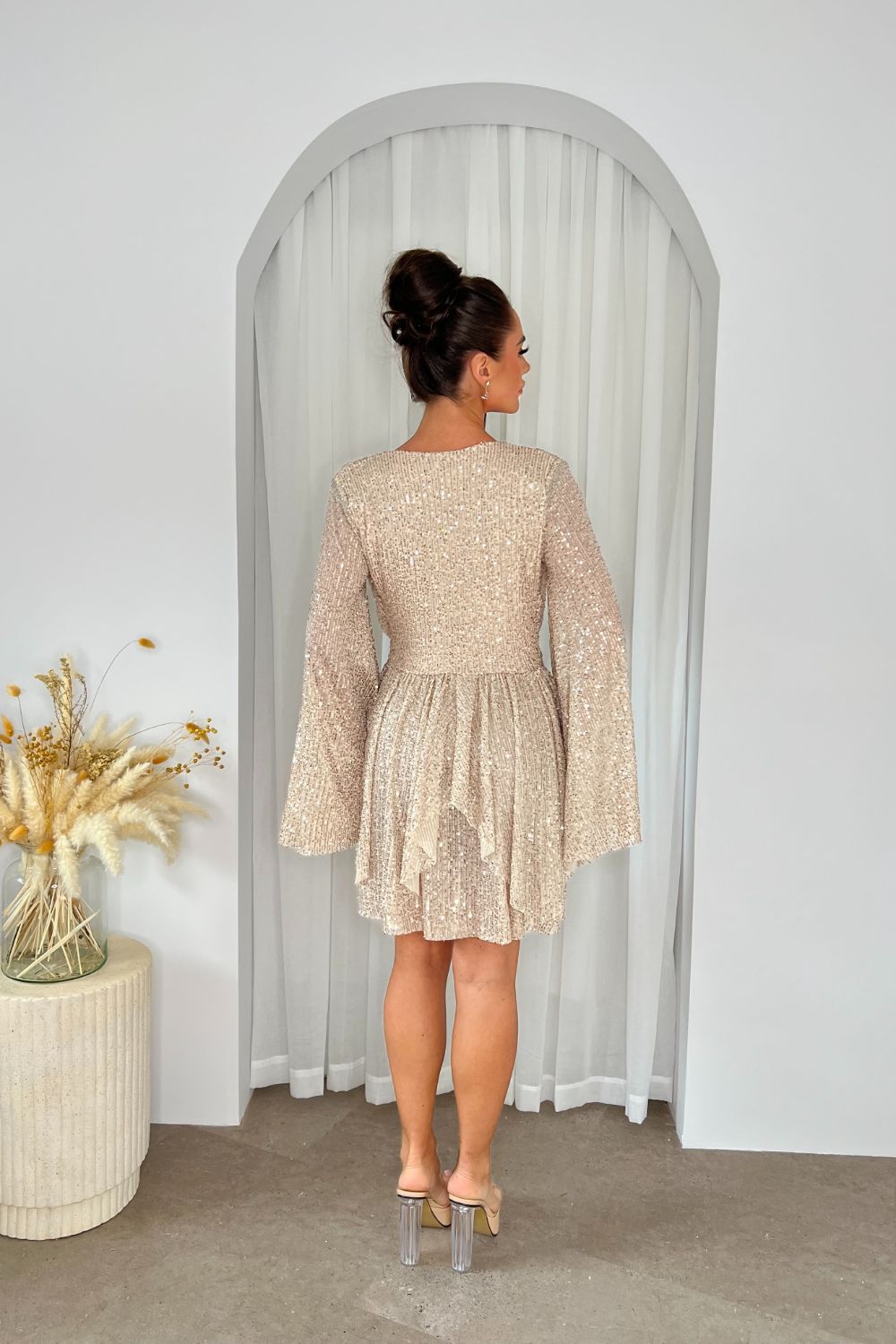 Spellbound Gold Flare Kimono Sleeve Sequin V Plunge Layered Dress
