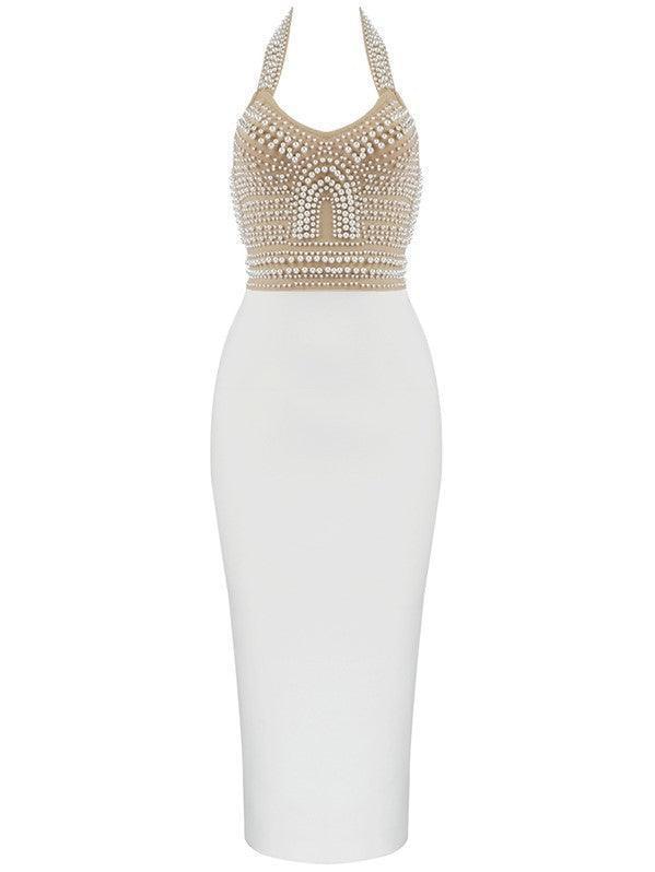 Vestido tipo bandage Isabella en beige con cuello halter y detalle de perlas