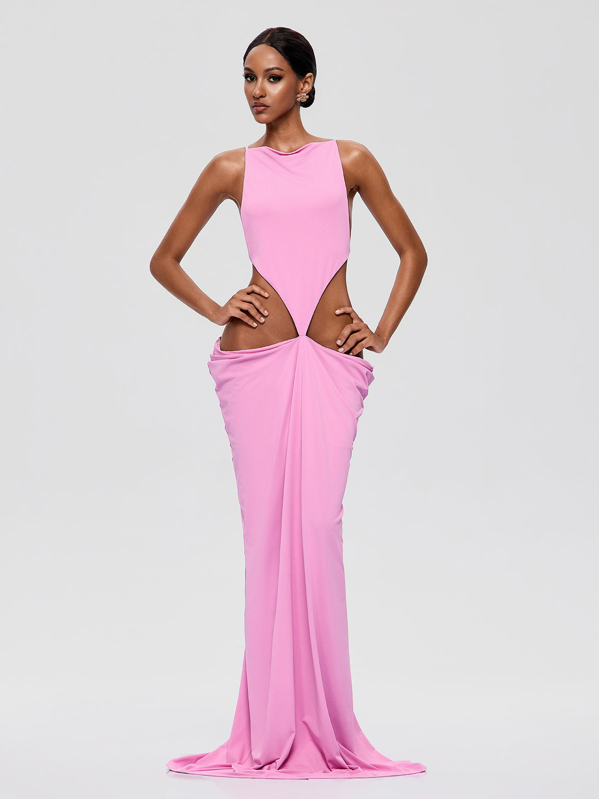 Maxivestido drapeado Norvalen rosa con espalda descubierta y aberturas