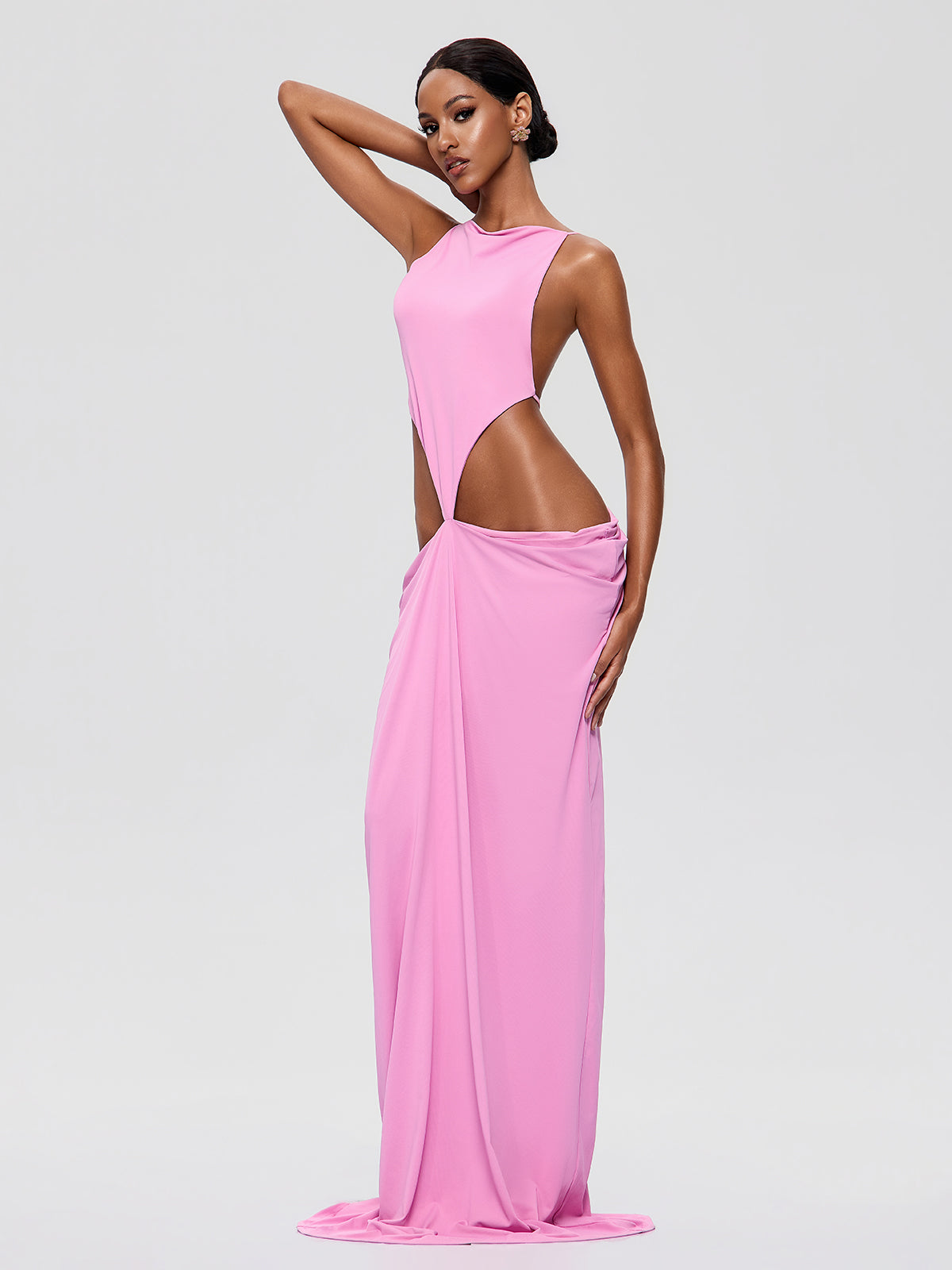 Maxivestido drapeado Norvalen rosa con espalda descubierta y aberturas
