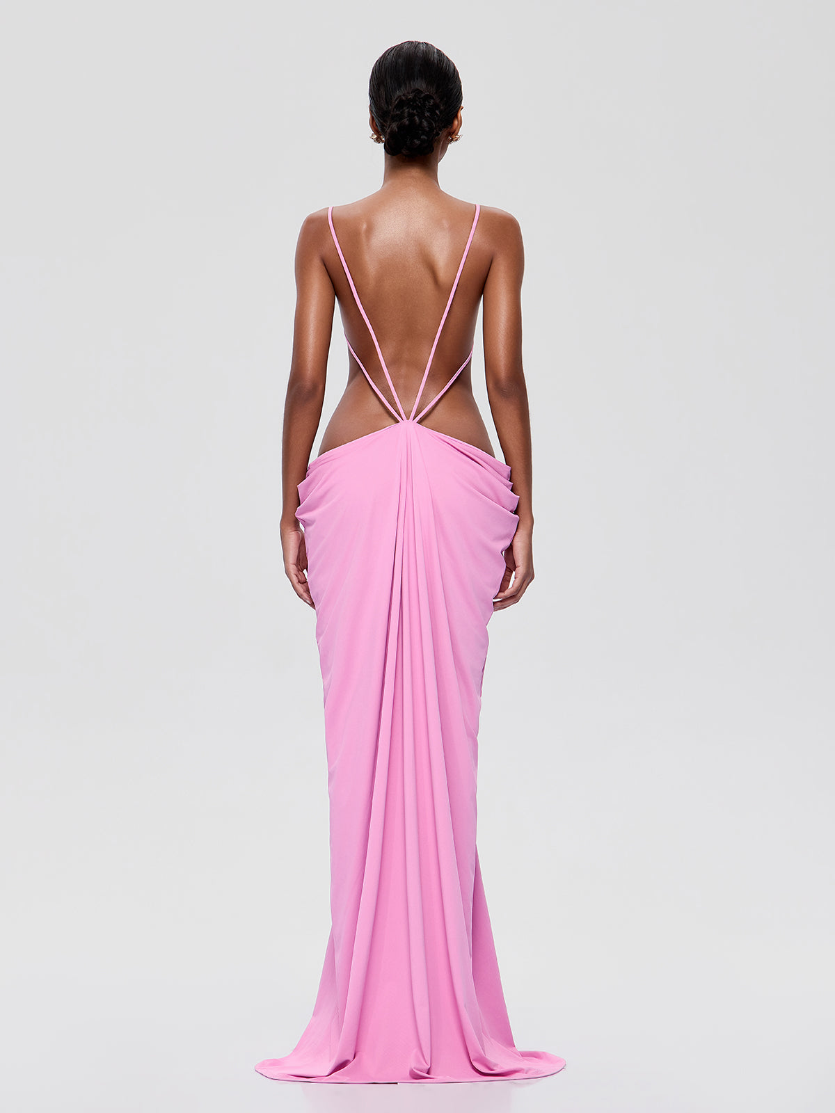 Maxivestido drapeado Norvalen rosa con espalda descubierta y aberturas