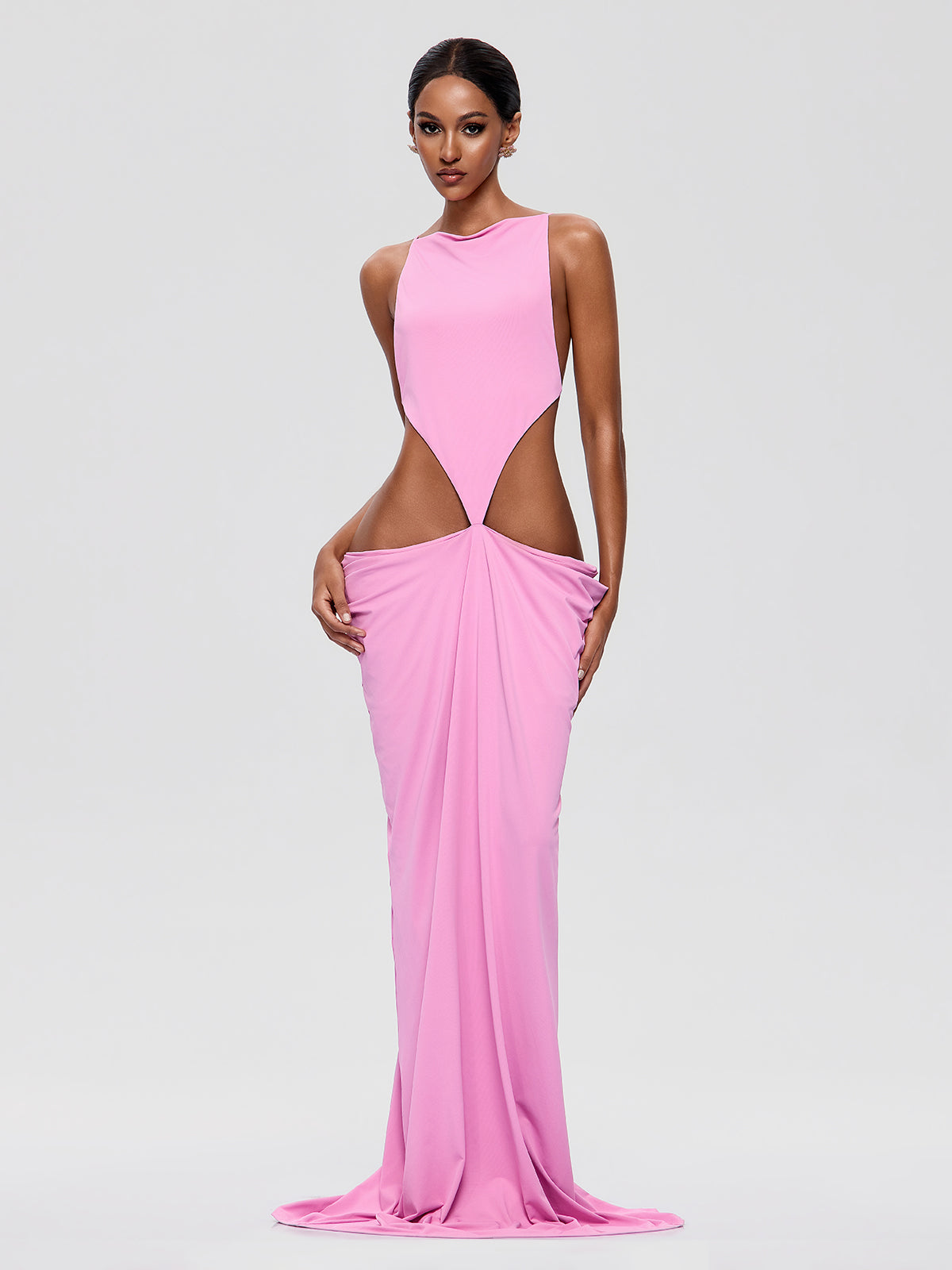Maxivestido drapeado Norvalen rosa con espalda descubierta y aberturas