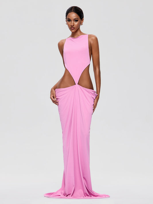 Maxivestido drapeado Norvalen rosa con espalda descubierta y aberturas