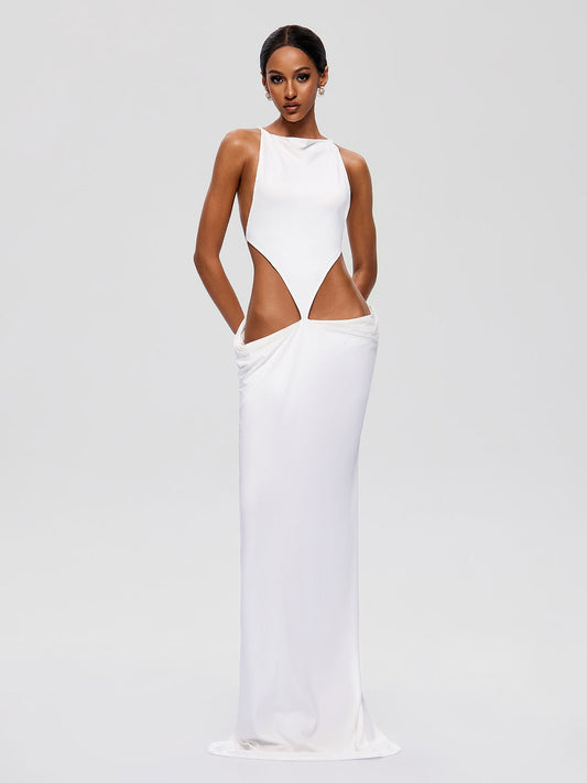 Maxivestido drapeado Norvalen en blanco con espalda descubierta y aberturas