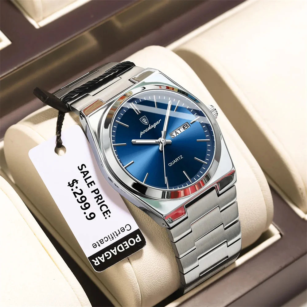 2026 Reloj de Cuarzo para Hombre, Deportivo, Resistente al Agua, Luminoso, con Fecha y Semana, Acero Inoxidable