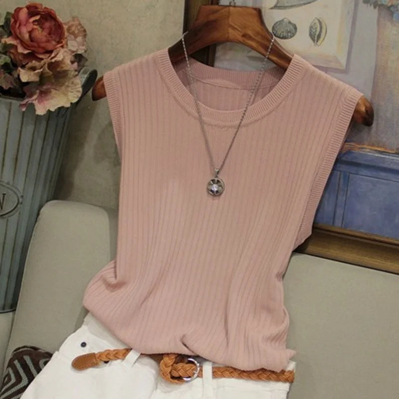 Top de Punto Sin Mangas con Cuello Redondo para Mujer