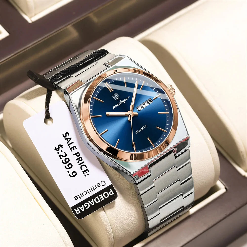 2026 Reloj de Cuarzo para Hombre, Deportivo, Resistente al Agua, Luminoso, con Fecha y Semana, Acero Inoxidable