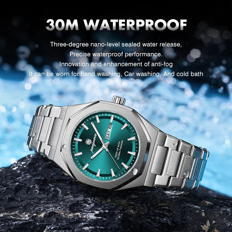 Reloj Acero Inoxidable, Luminoso, Fecha y Día, Resistente al Agua