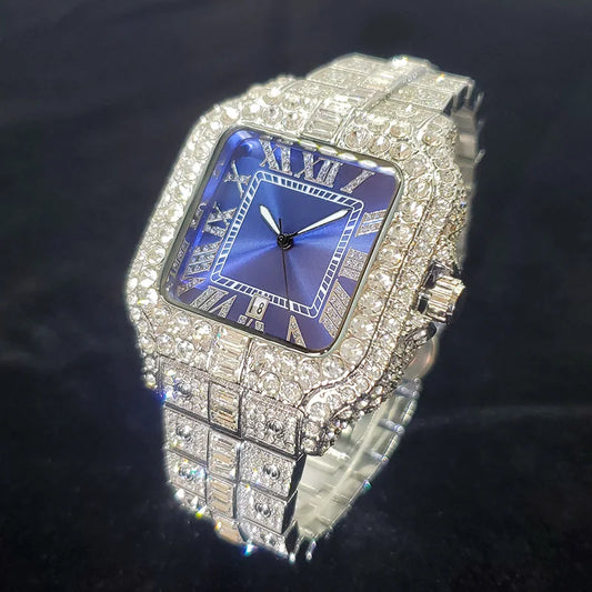 Reloj de Lujo con Diamantes para Hombre, Plateado,Resistente al Agua
