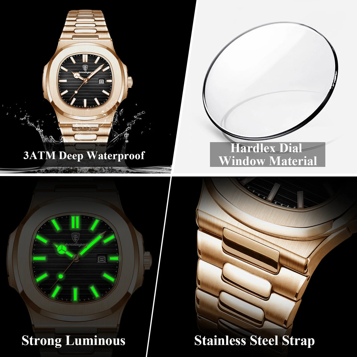 Reloj Cuadrado de Acero Inoxidable, Luminoso, Resistente al Agua