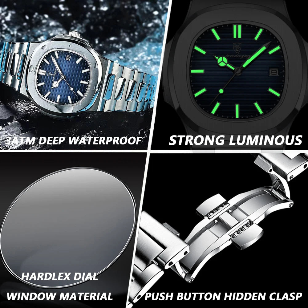 Reloj Masculino de Pulsera de Lujo Cuadrado Resistente al Agua, Luminoso, con Fecha.