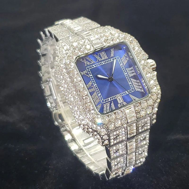 Reloj de Lujo con Diamantes para Hombre, Plateado,Resistente al Agua