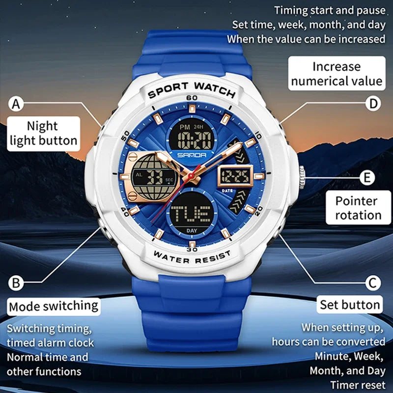 Reloj Deportivo Doble Pantalla Digital, Resistente al Agua, Multifunción