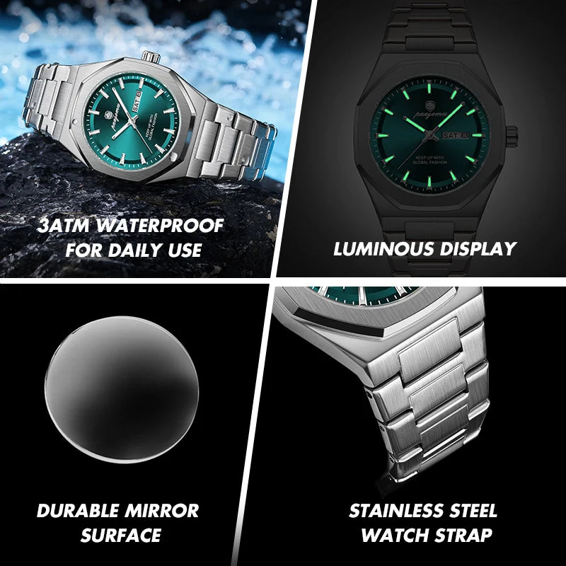 Reloj Acero Inoxidable, Luminoso, Fecha y Día, Resistente al Agua