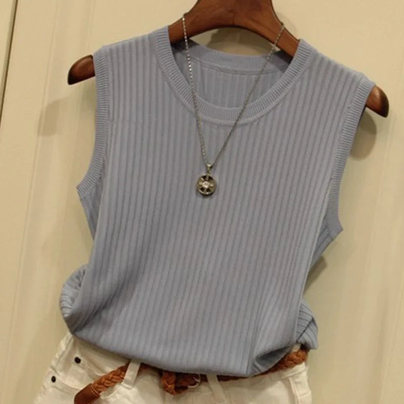 Top de Punto Sin Mangas con Cuello Redondo para Mujer