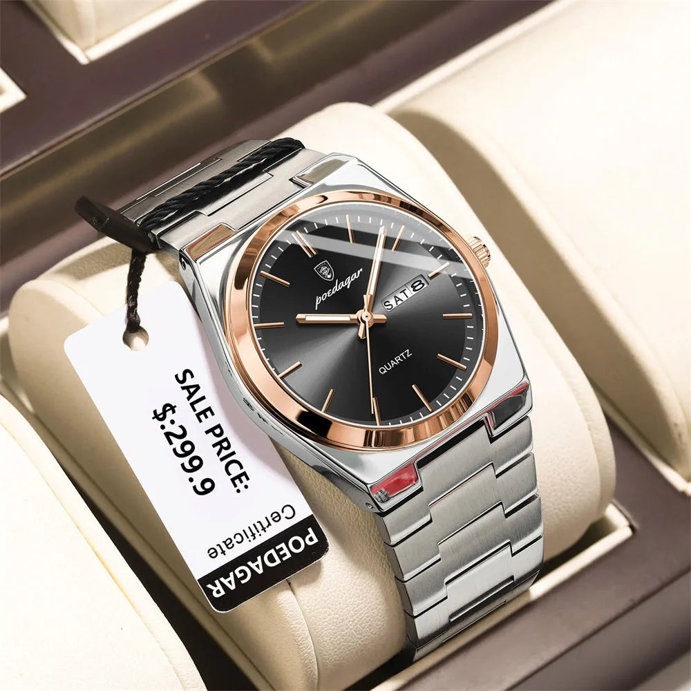 2026 Reloj de Cuarzo para Hombre, Deportivo, Resistente al Agua, Luminoso, con Fecha y Semana, Acero Inoxidable